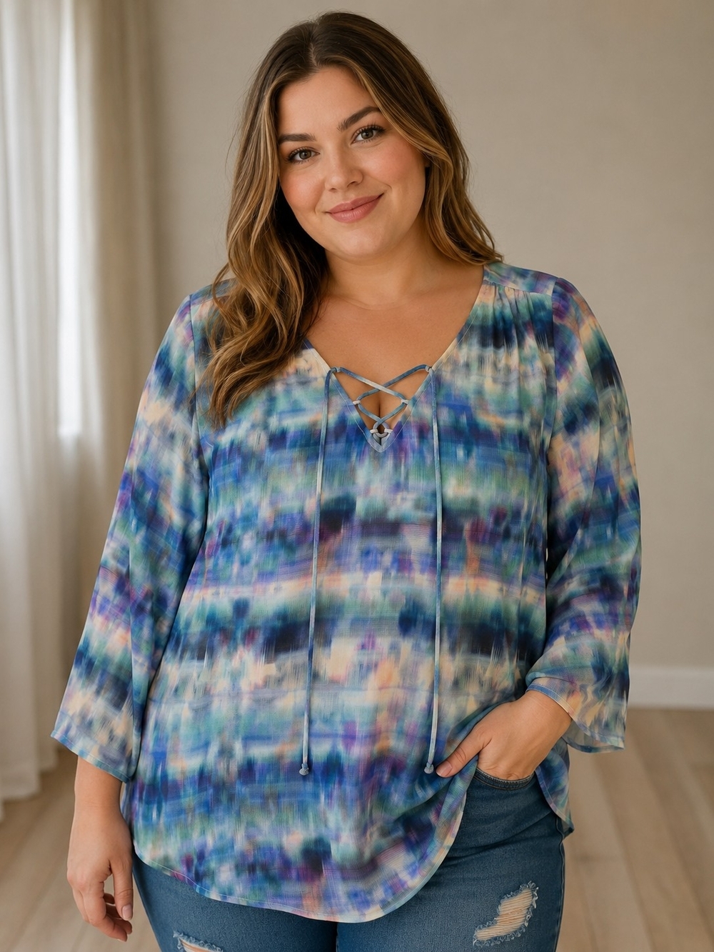 Plus Size Blue Tie-Dye V-Neck Lace-Up Blouse - XL